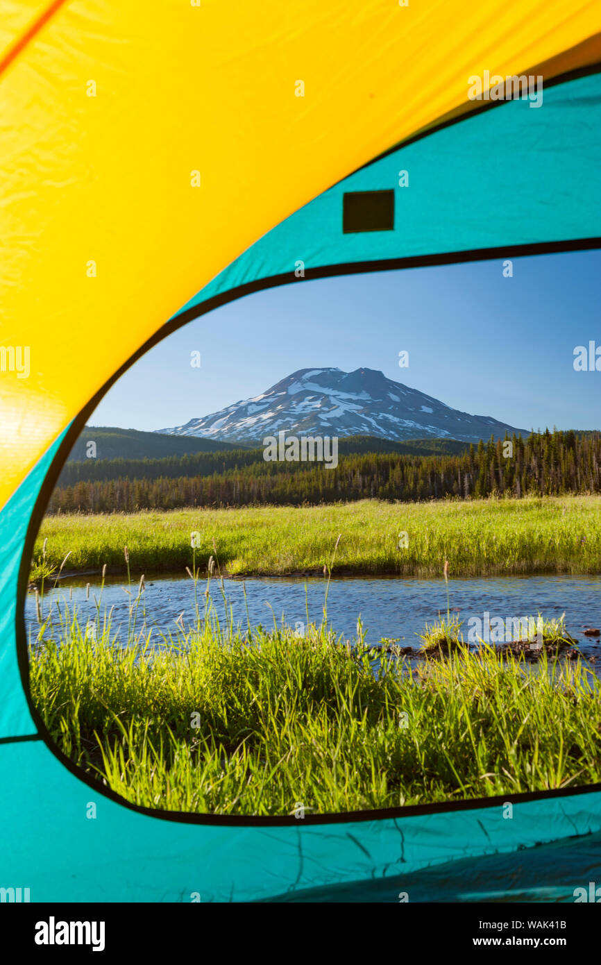 View through Tent, South Sister (Elevation 10,358 ft.) Sparks Lake, Three Sisters Wilderness, Eastern Oregon, USA Stock Photo