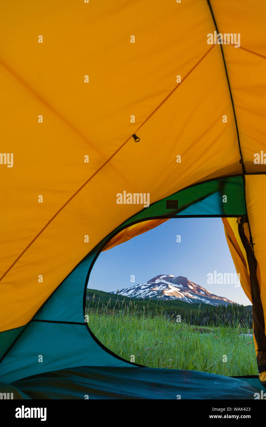 View through Tent, South Sister (Elevation 10,358 ft.) Sparks Lake, Three Sisters Wilderness, Eastern Oregon, USA Stock Photo