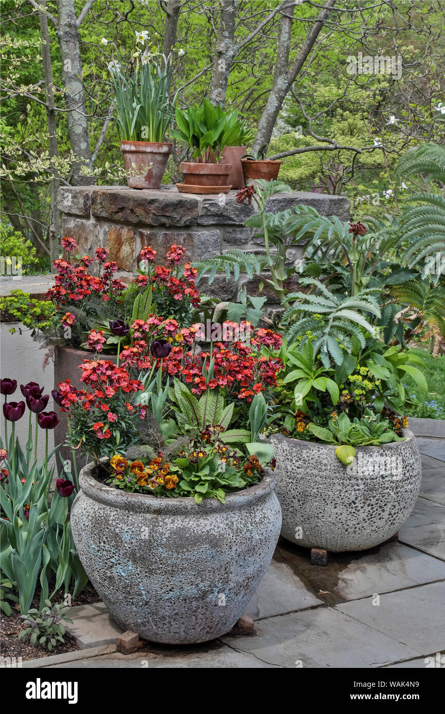 Colorful planters at entrance to Chanticleer Garden, Wayne