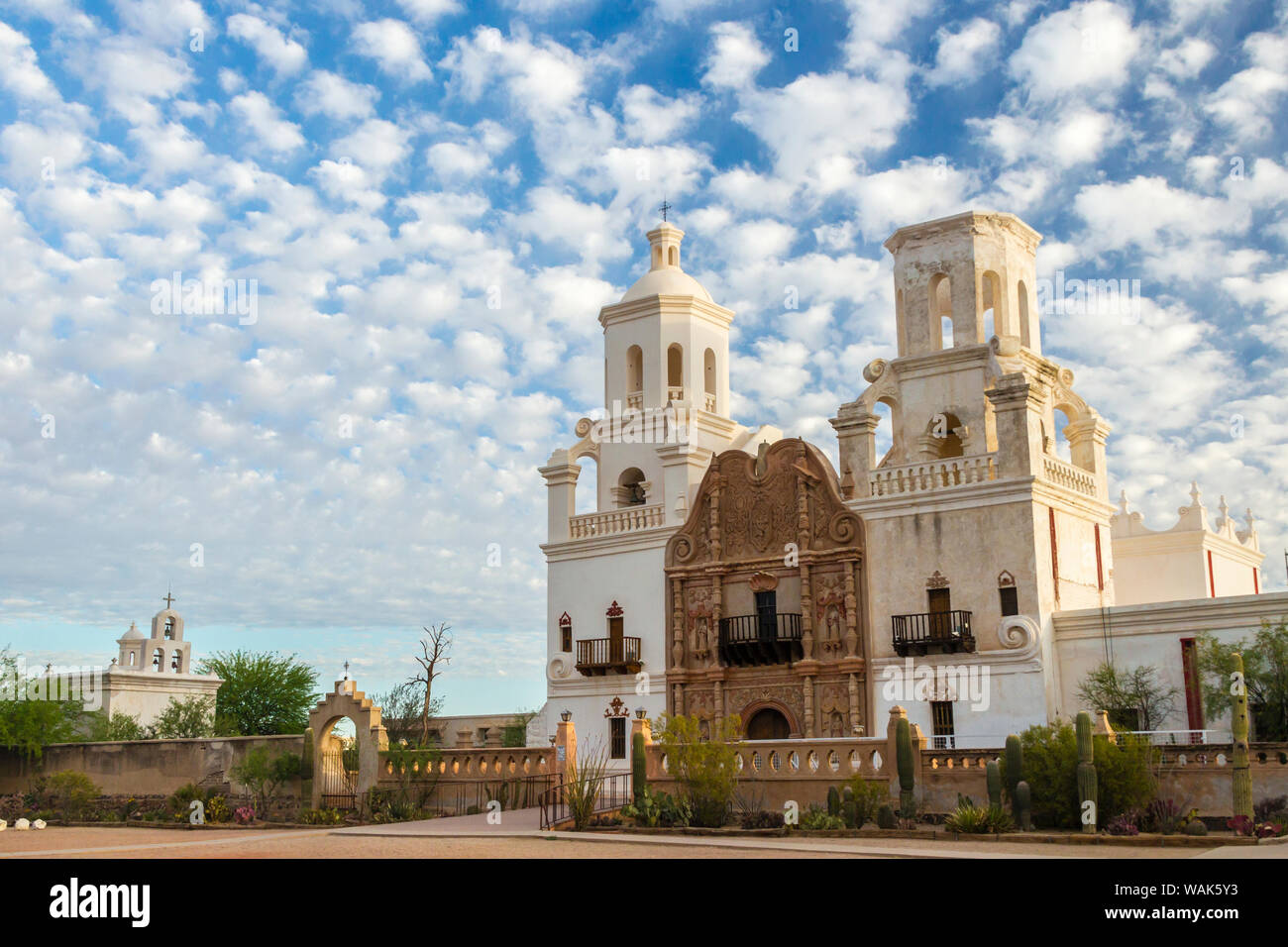 USA, Arizona, San Xavier Del Bac Mission. Morning clouds over mission. Credit as: Cathy and Gordon Illg / Jaynes Gallery / DanitaDelimont.com Stock Photo