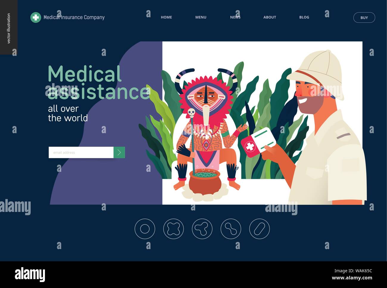 Medical insurance - medical assistance all over the world - modern flat vector concept digital illustration -a traveller applying to a shaman healer f Stock Vector