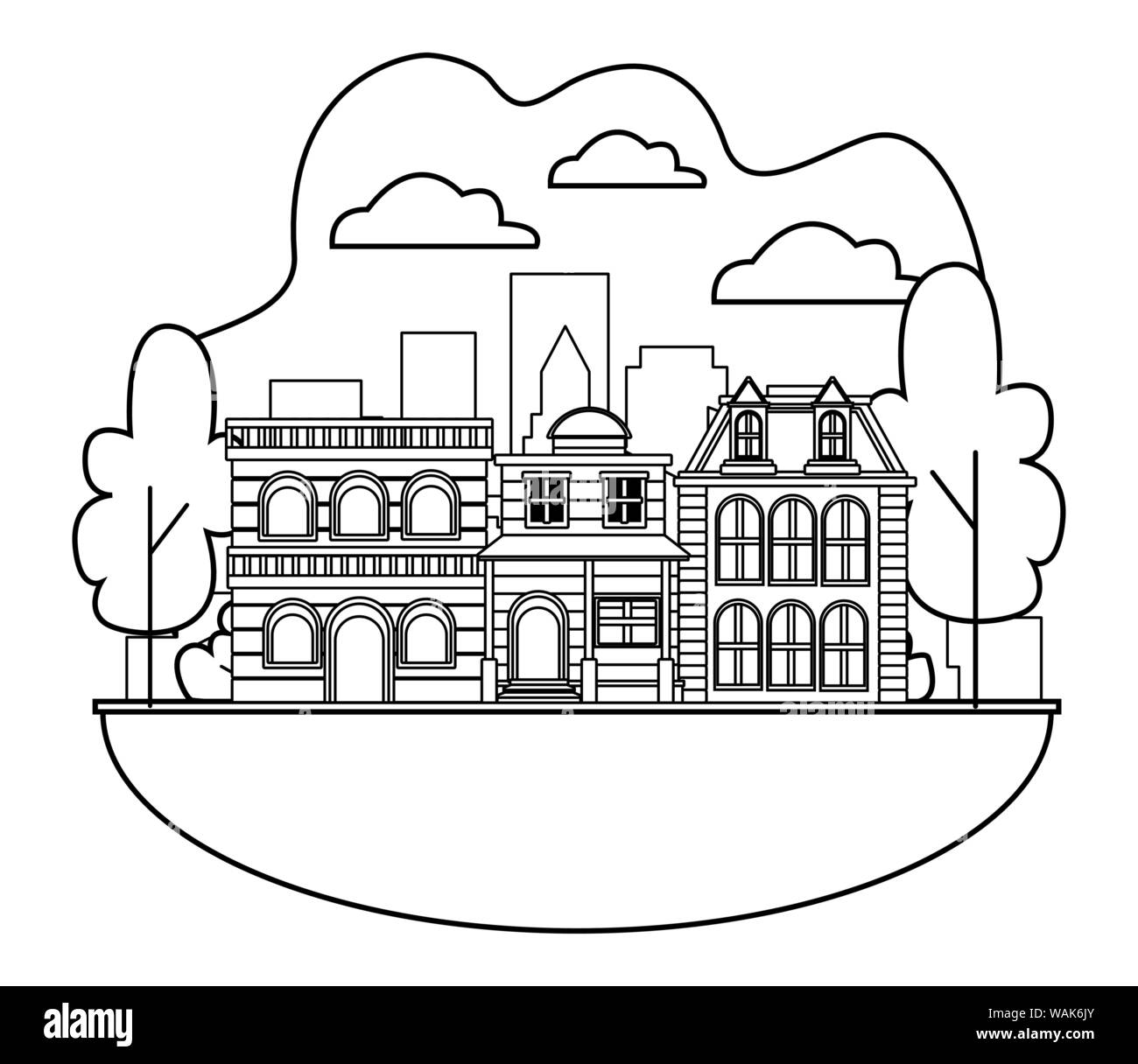 Urban buildings and city architecture in black and white Stock Vector