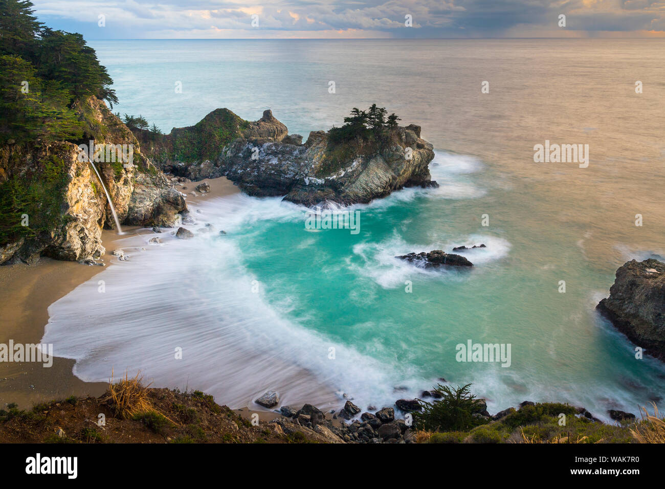 Cove at McWay Falls at sunset, Julia Pfeiffer Park, Big Sur. Stock Photo