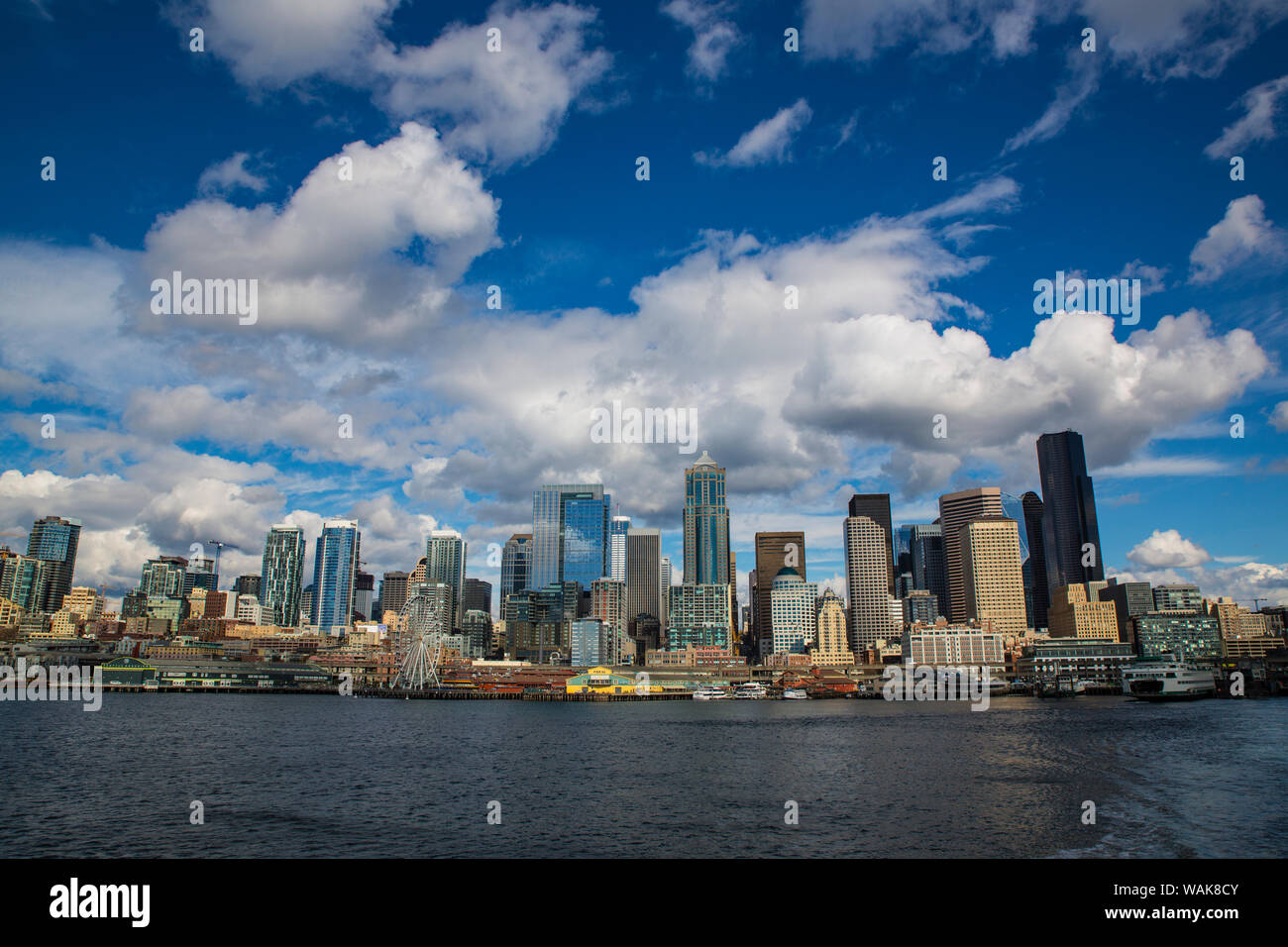 Seattle, Washington State. Skyline and waterfront with a ferry boat Stock Photo