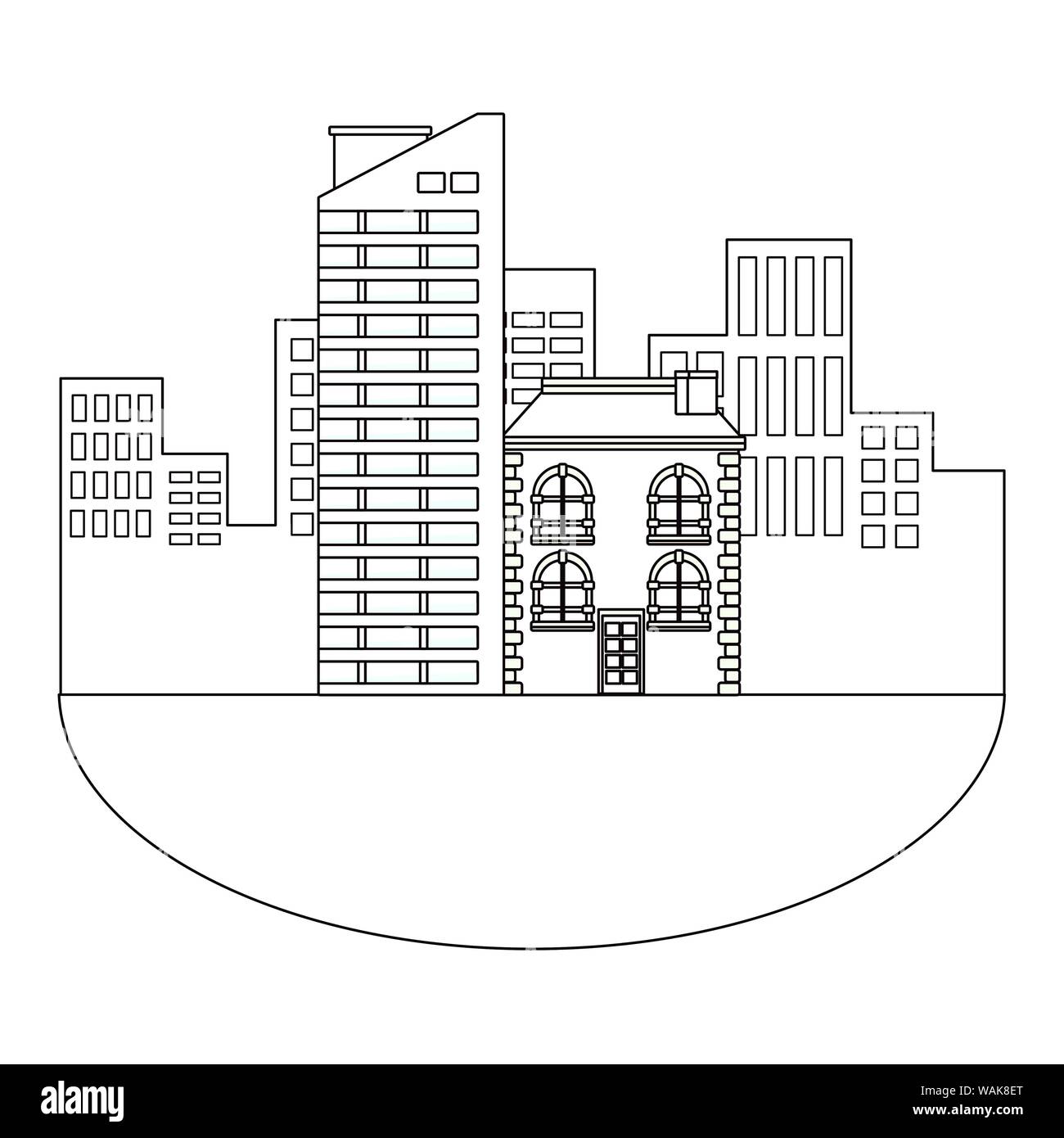 Urban buildings and city architecture in black and white Stock Vector
