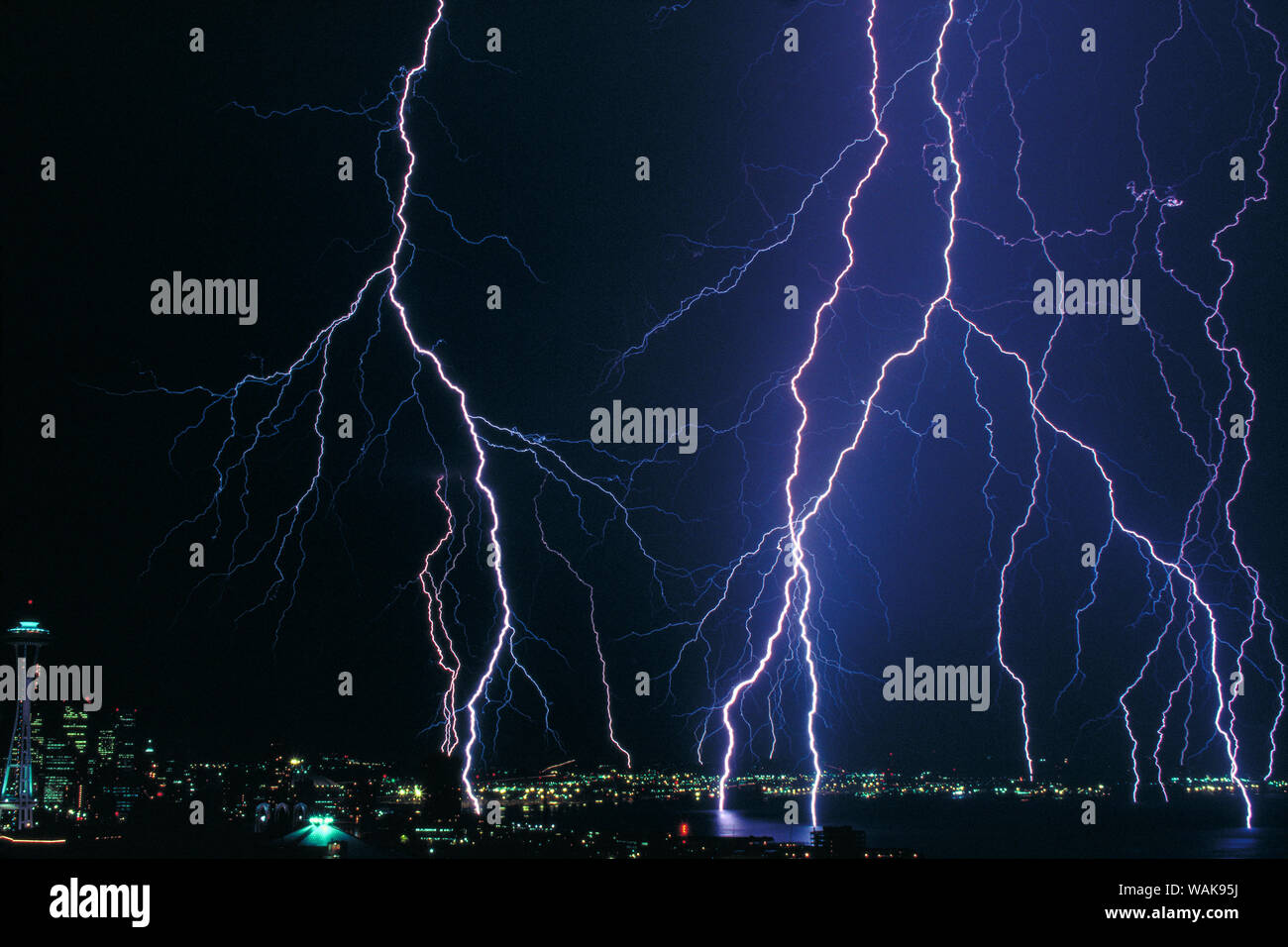 Multiple lightning strikes on Elliott Bay, Seattle, Washington State