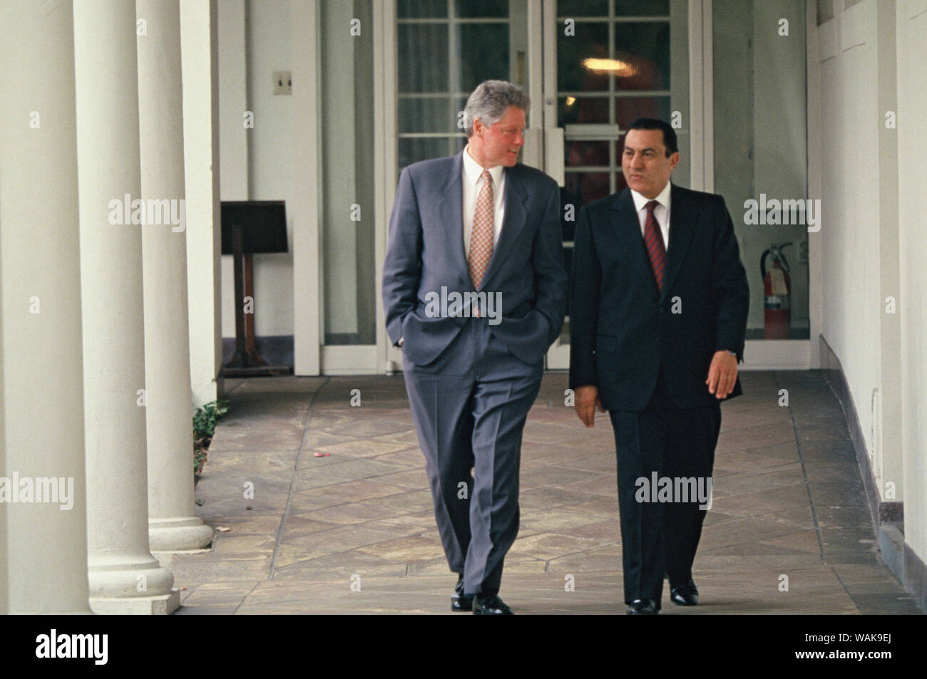 April 04, 1993. Washington, D.C. President William J. Clinton Walking with Egyptian President Hosni Mubarak along the White Stock Photo