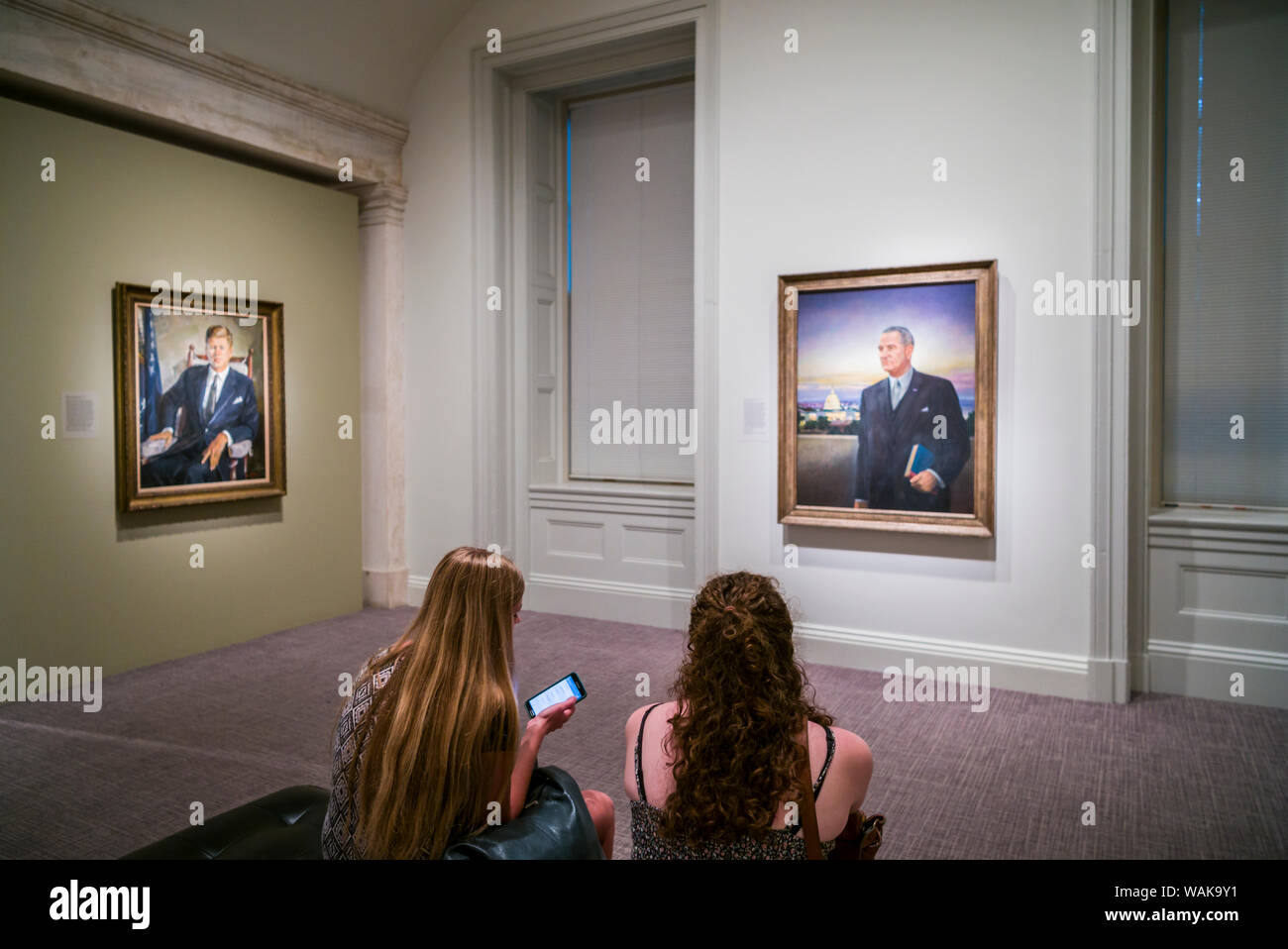 USA, Washington D.C. Reynolds Center for American Art, National Portrait Gallery, portraits of Presidents John F. Kennedy by William Draper and Lyndon B. Johnson by Peter Hurd (Editorial Use Only) Stock Photo