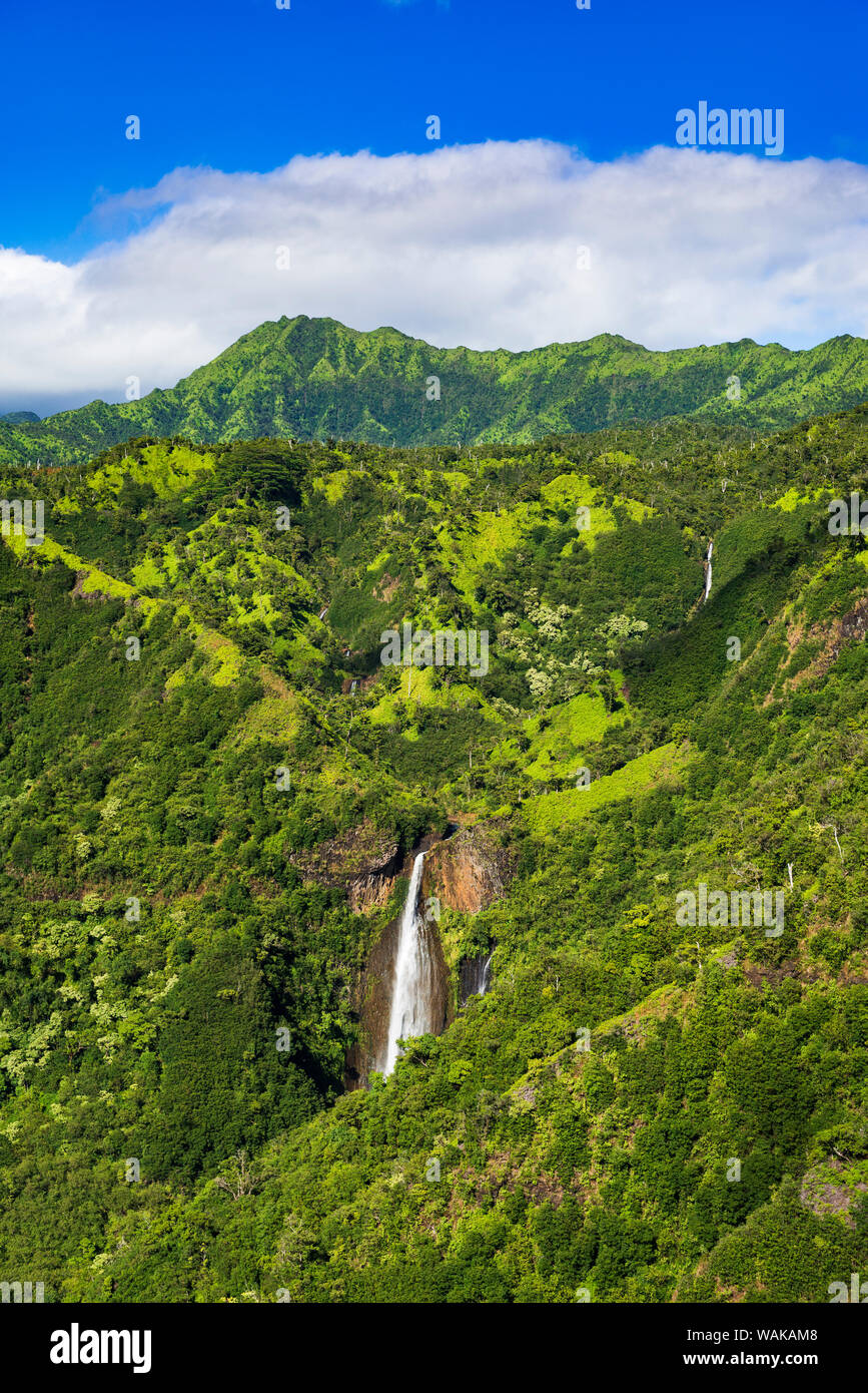 Manawaiopuna Falls (aerial) also known as Jurassic Park Falls, Hanapepe Valley, Kauai, Hawaii, USA. Stock Photo