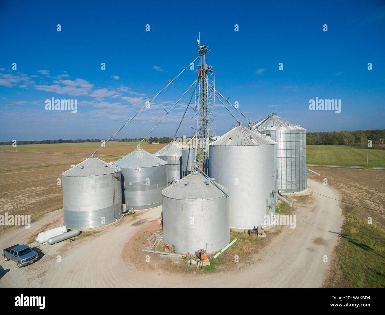 Grain bins and elevator. Marion County, Illinois. Stock Photo