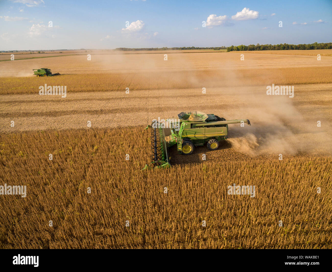 Two John Deere combines harvesting soybeans. Marion County, Illinois