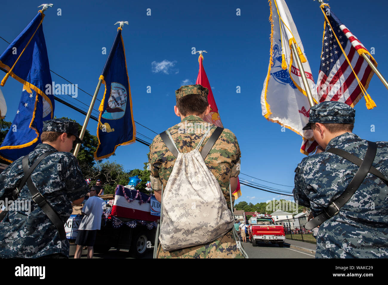 USA, Massachusetts, Cape Ann, Gloucester. Fourth of July Horribles Parade, color guard Stock Photo