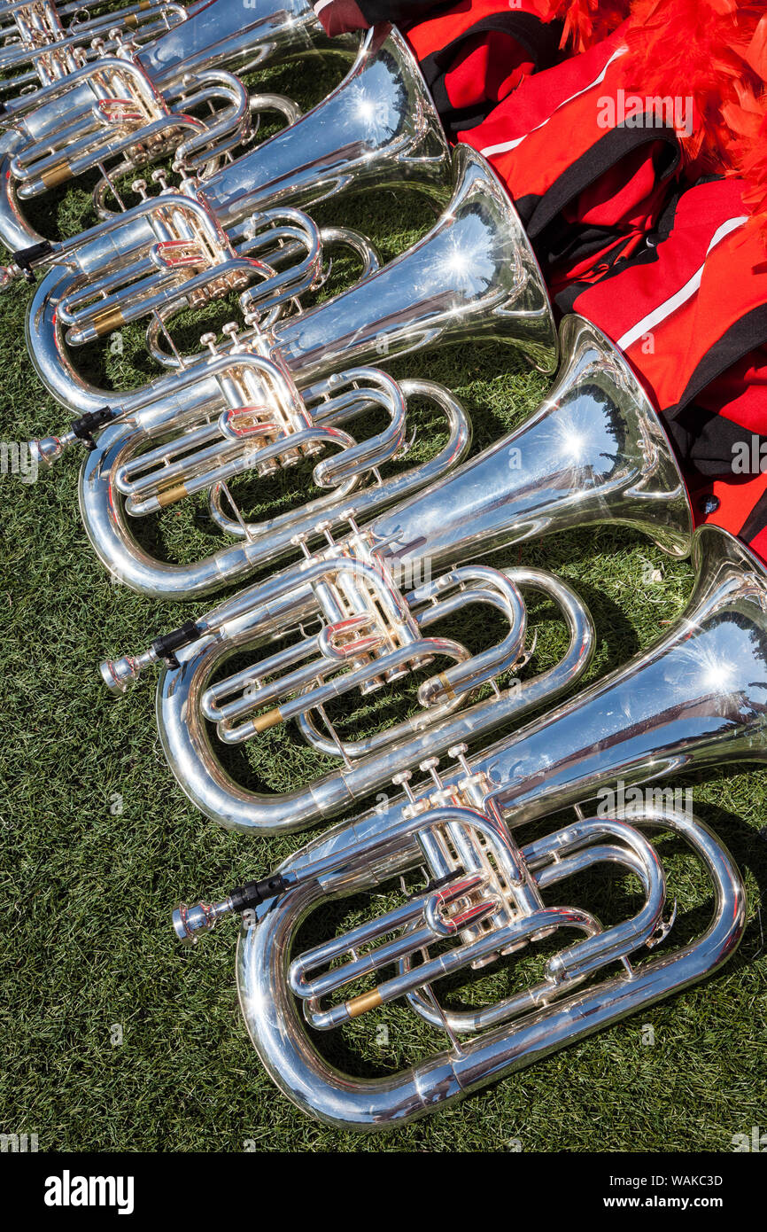 USA, Massachusetts, Cape Ann, Manchester by the Sea. Fourth of July Parade, band instruments Stock Photo