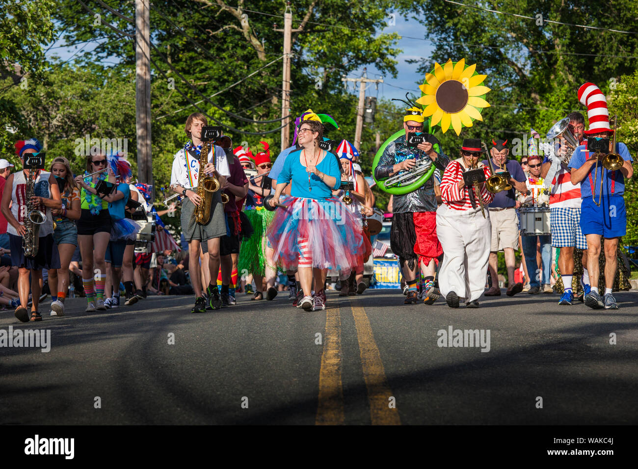 USA, Massachusetts, Cape Ann, Rockport. Fourth of July Parade, the Clown Marching Band Stock
