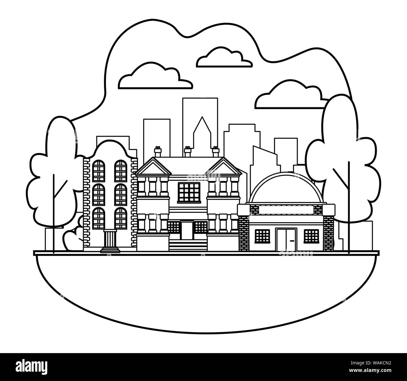 Urban buildings and city architecture in black and white Stock Vector