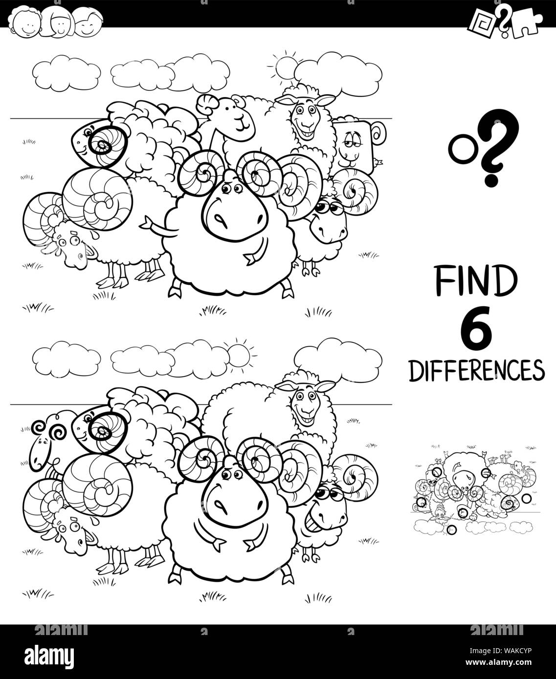 Black and White Cartoon Illustration of Finding Six Differences Between Pictures Educational Game for Children with Sheep and Rams Animal Characters C Stock Vector