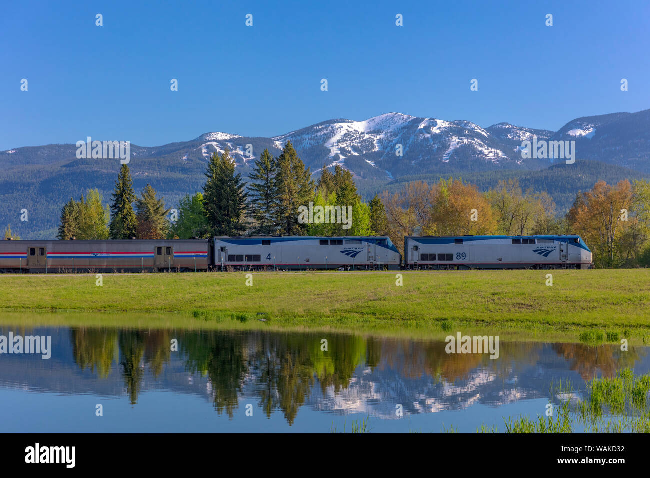Empire Builder AMTRAK passenger train rolls into Whitefish, Montana