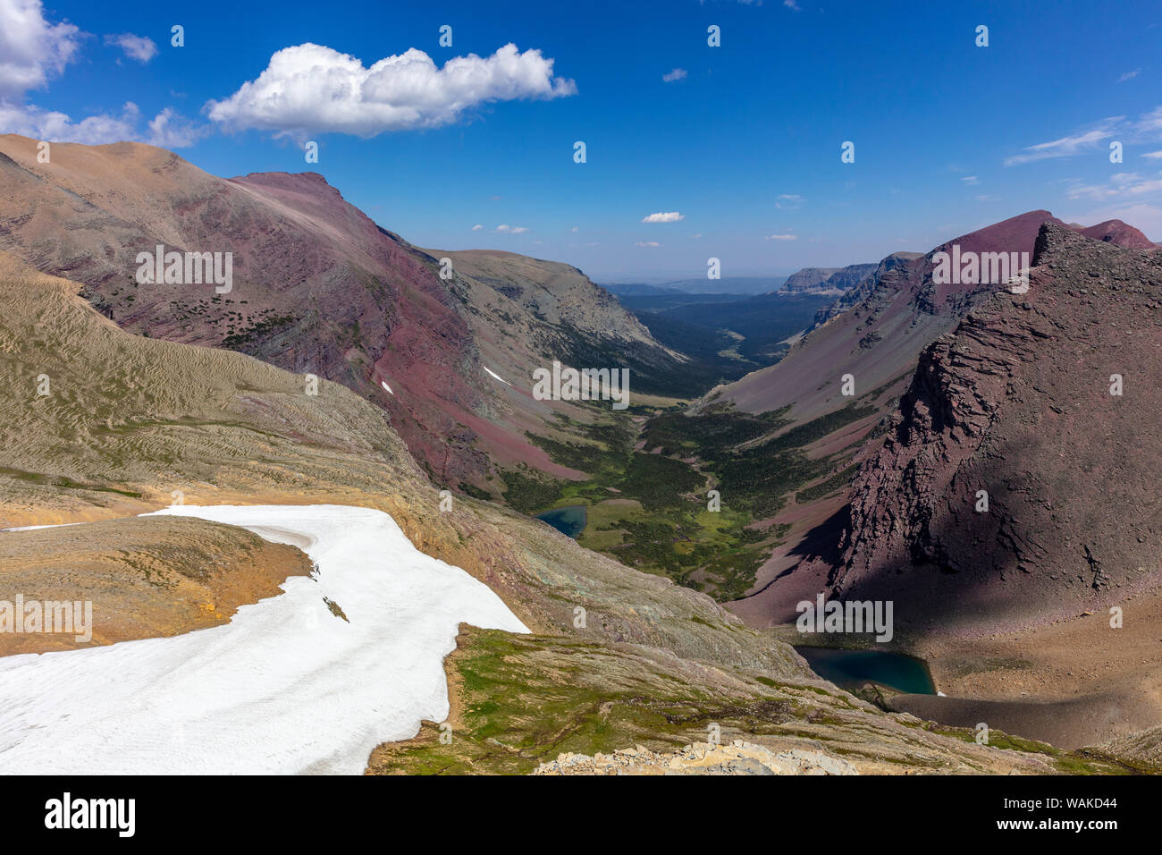 Looking down at the remote Boulder Creek Valley from Siyeh Pass in Glacier National Park, Montana, USA Stock Photo