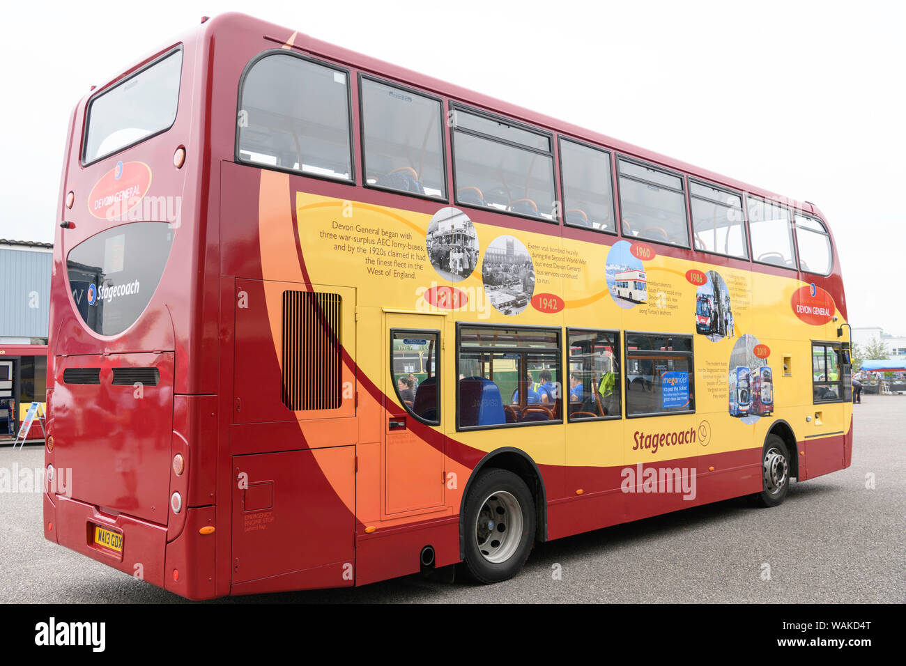 Modern Stagecoach South West double decker bus with special livery to celebrate 100 years of bus travel in Devon. Stock Photo
