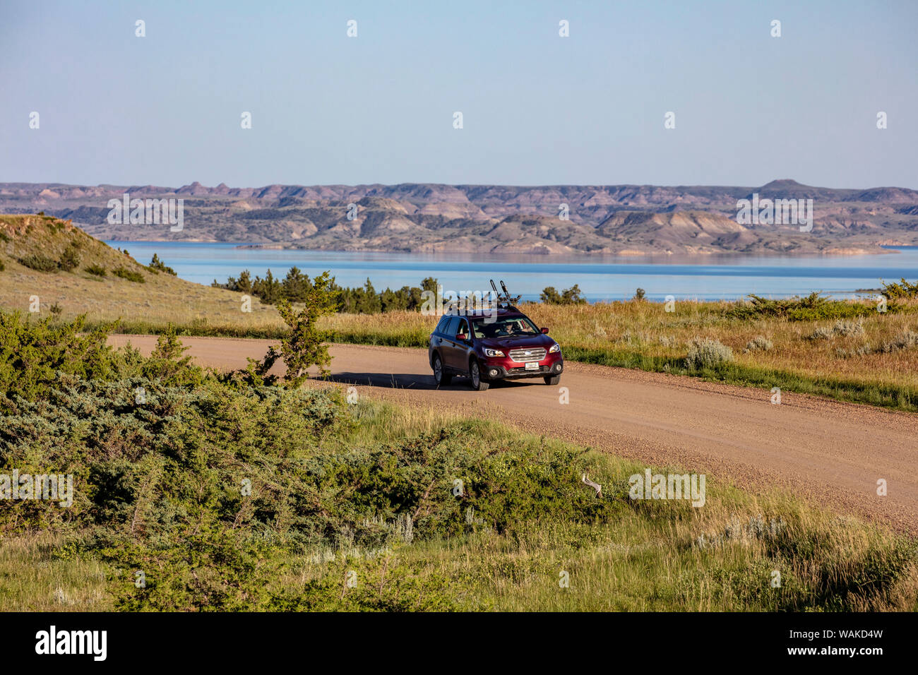 Driving in the CM Russell National Wildlife Refuge near Fort Peck, Montana, USA Stock Photo