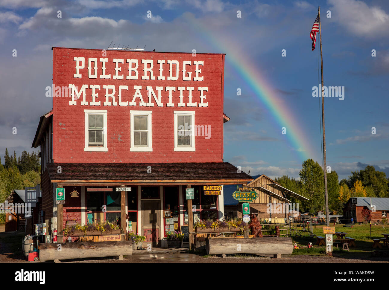 Rainbow over the historic Polebridge Mercantile in Polebridge, Montana, USA Stock Photo