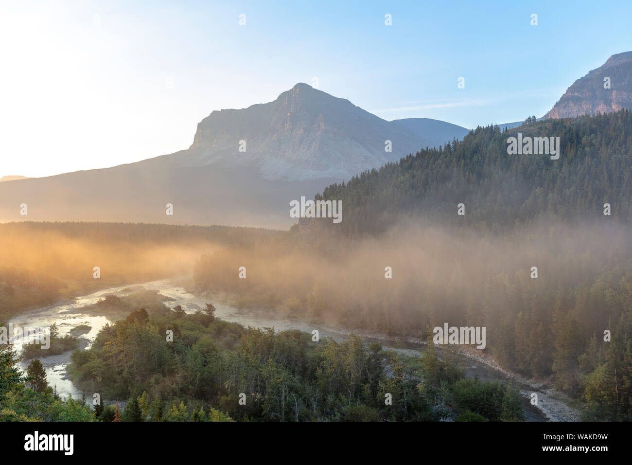 Fog at sunrise along Swift current Creek in Glacier National Park, Montana, USA Stock Photo