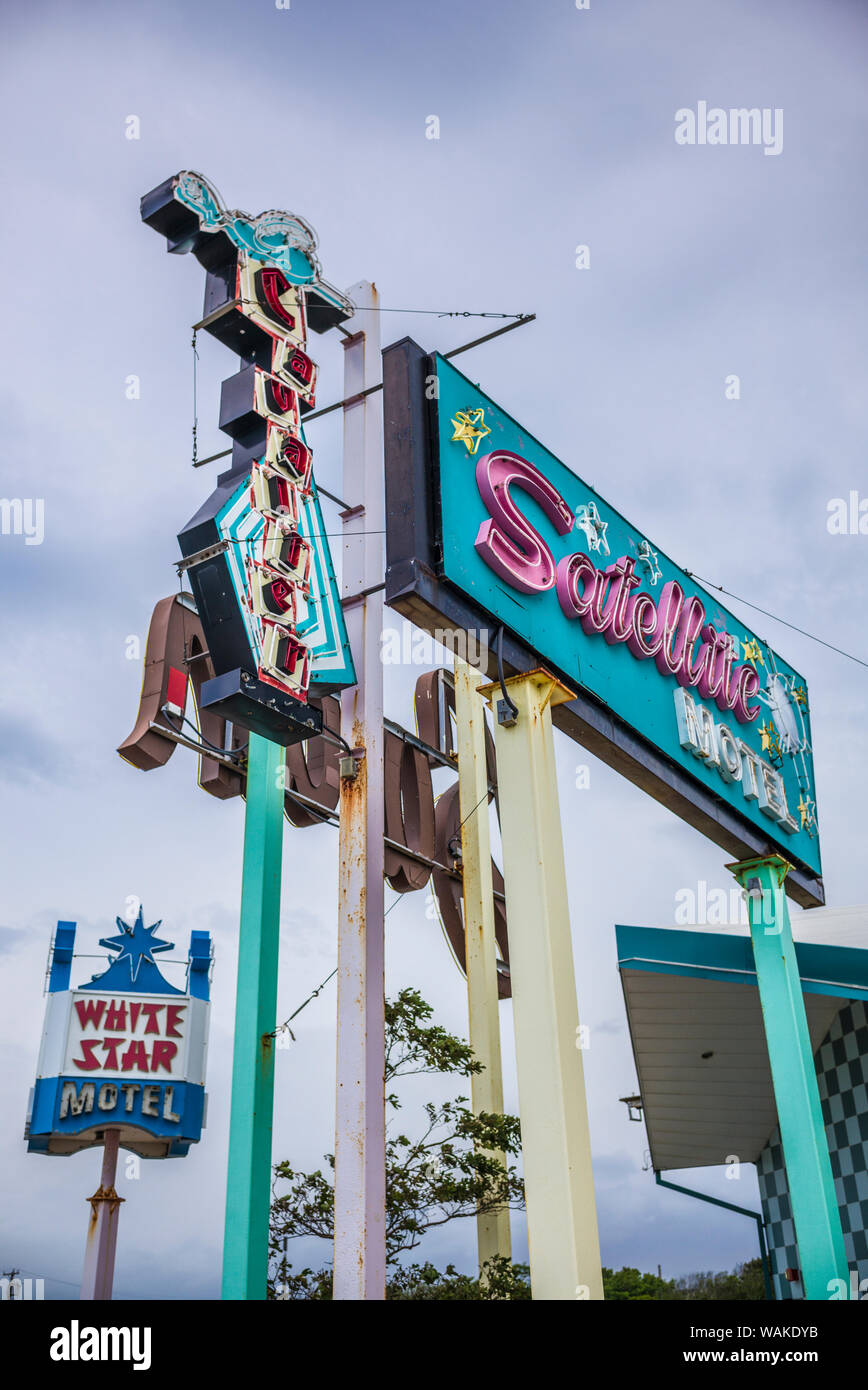 USA, New Jersey, Wildwoods. 1950's Doo-Wop architecture, old neon motel signs displayed on Ocean Avenue Stock Photo