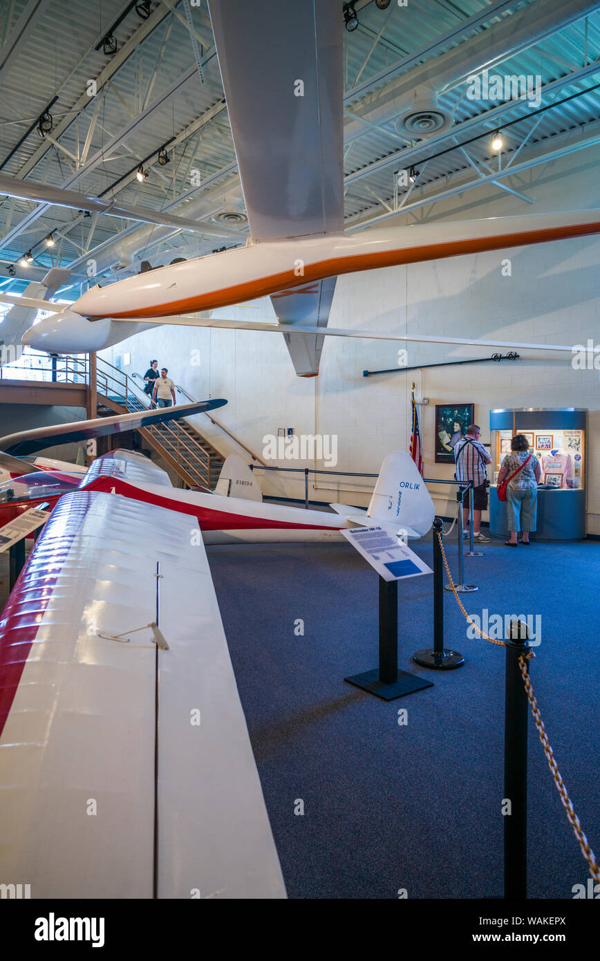 USA, New York, Elmira. National Soaring Museum interior with historic gliders (Editorial Use