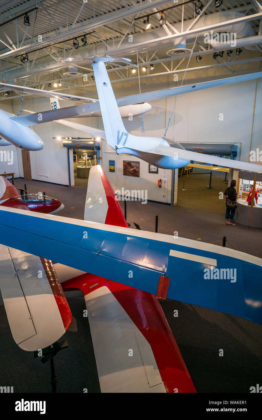 USA, New York, Elmira. National Soaring Museum interior with historic gliders (Editorial Use
