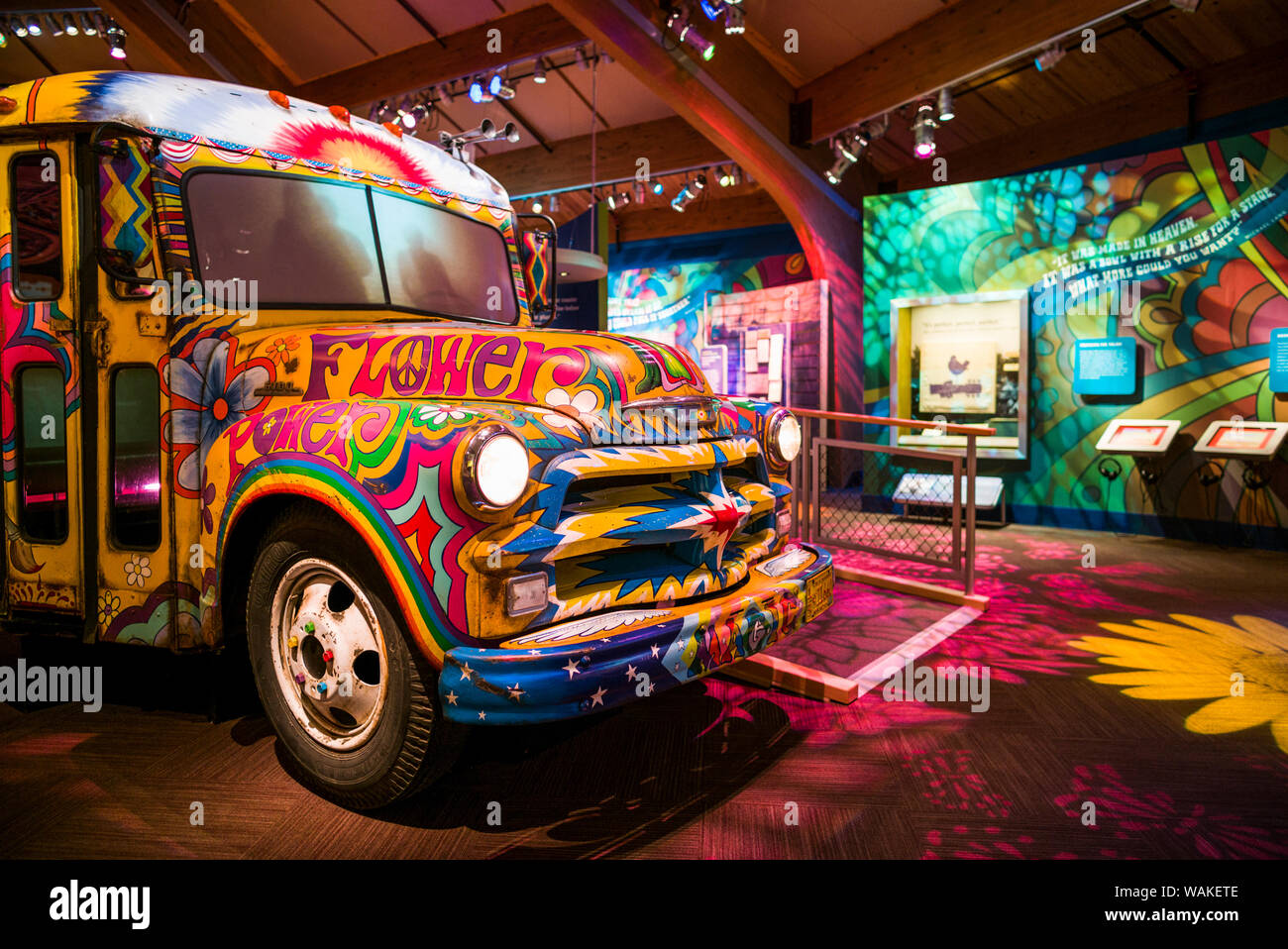 USA, New York, Bethel. The Museum at Bethel Woods, typical flower power hippie bus (Editorial Use Only) Stock Photo