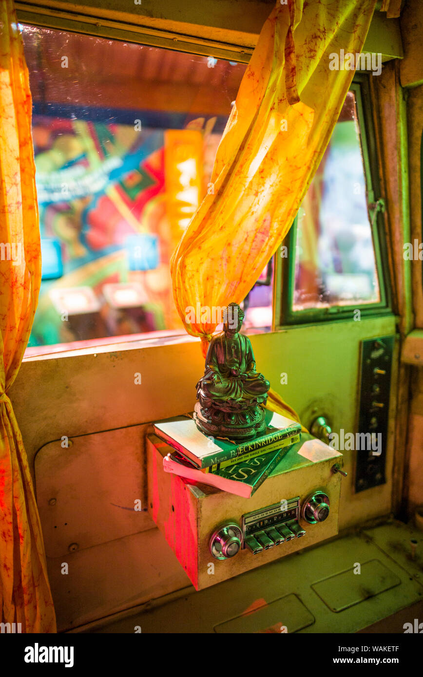 USA, New York, Bethel. The Museum at Bethel Woods, hippie bus interior
