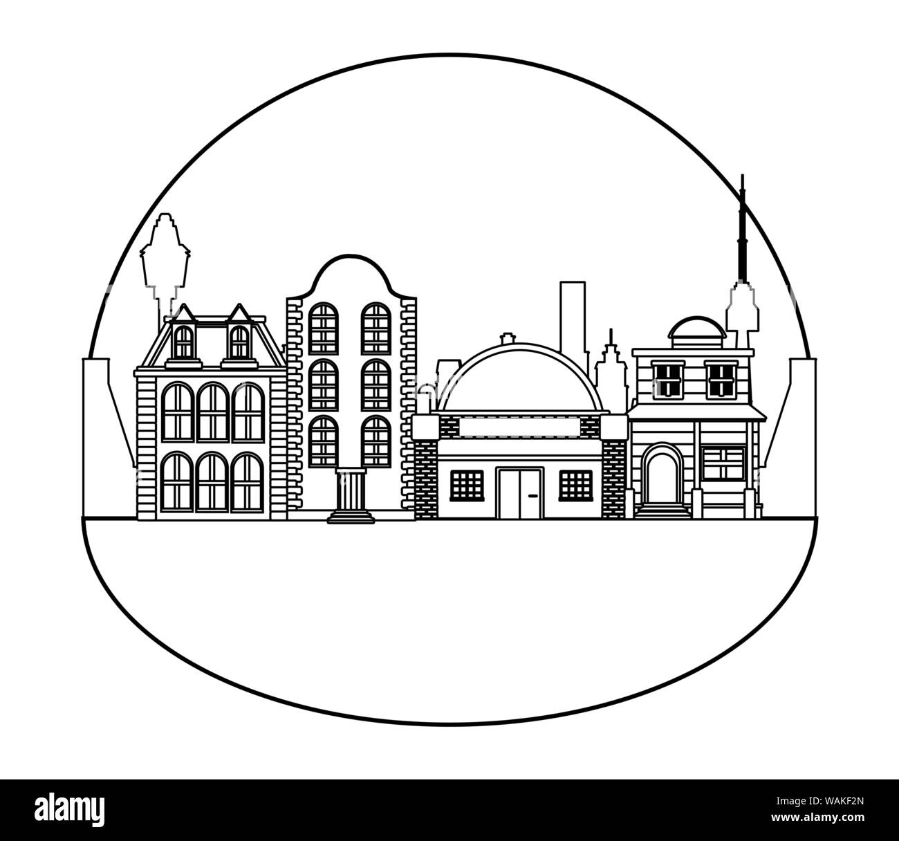 Urban buildings and city architecture in black and white Stock Vector