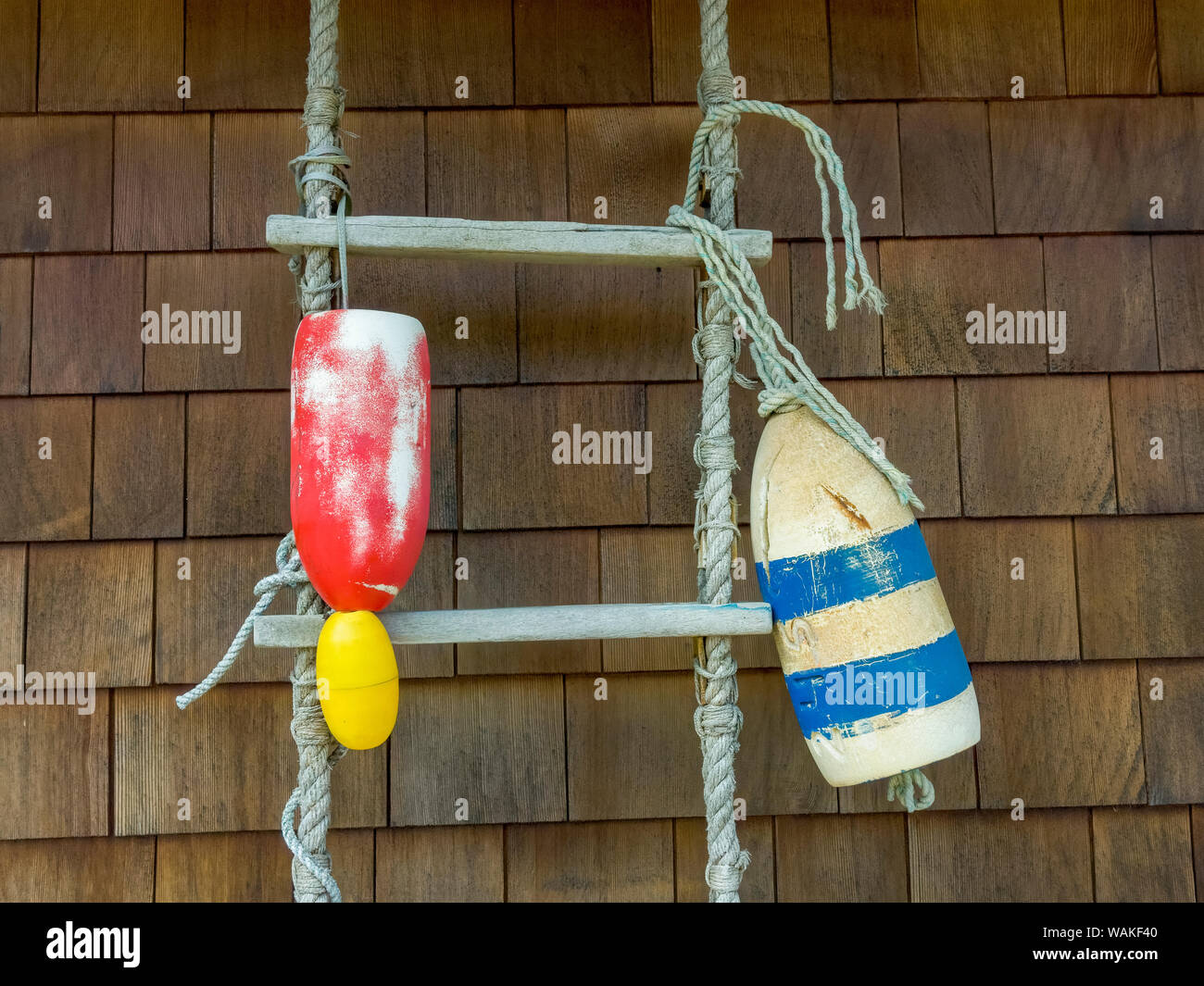 USA, Oregon, Cannon Beach. Two buoys and rope ladder against a shingled wall. Credit as: Wendy Kaveney / Jaynes Gallery / DanitaDelimont.com Stock Photo