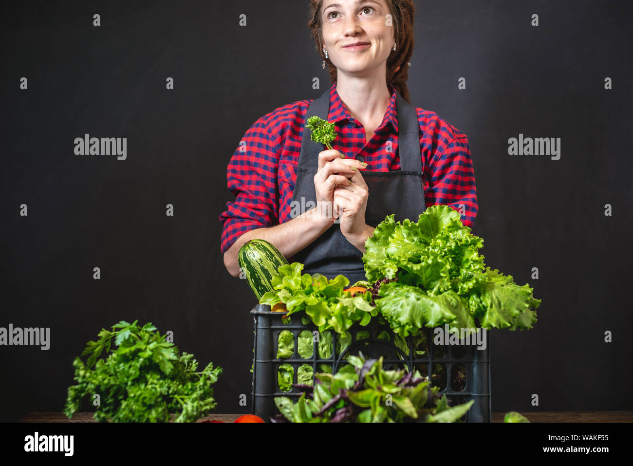 A young woman farmer is holding a box with fresh vegetables and green salad on a dark background. Organic raw products grown on the farm. Stock Photo