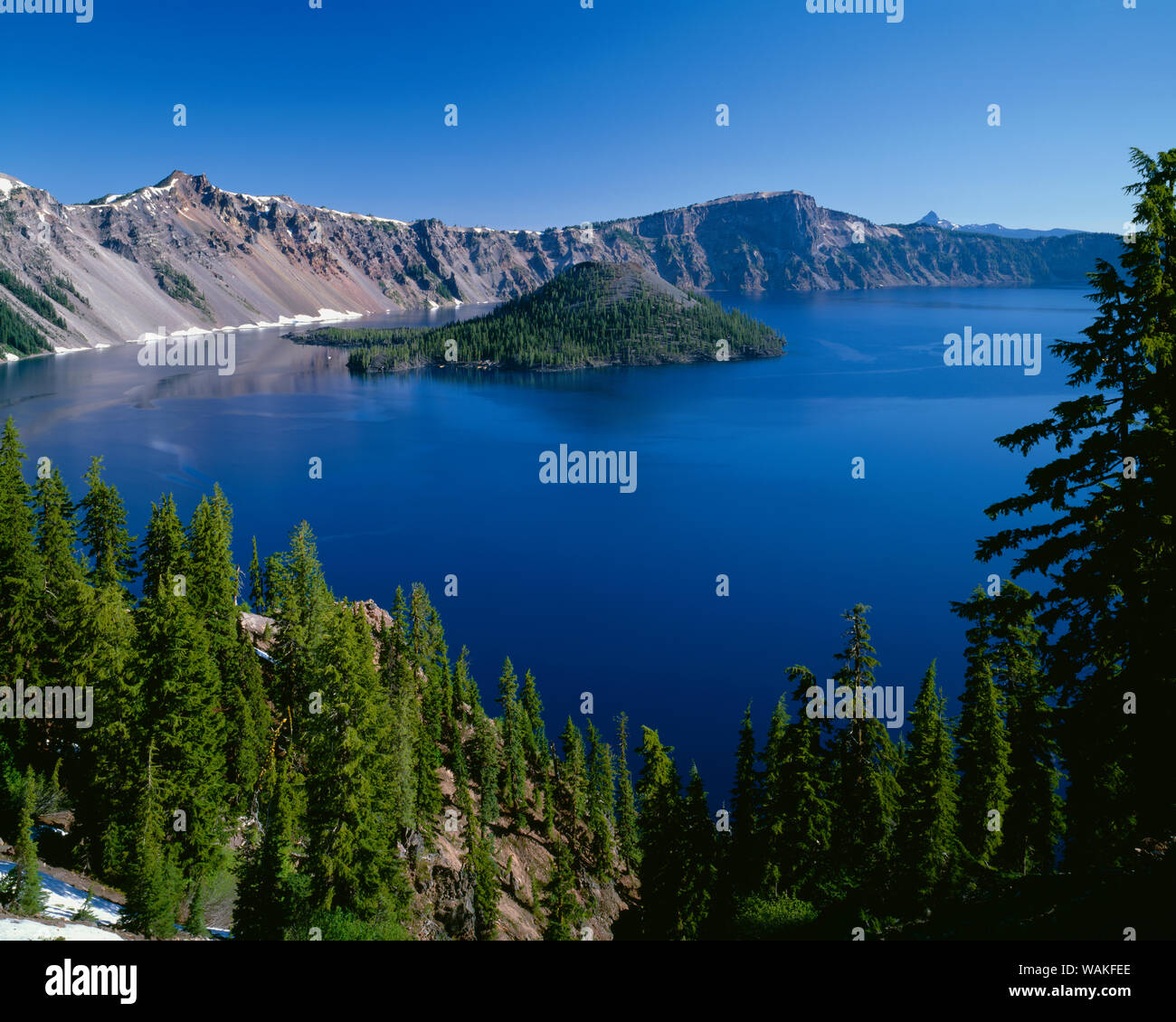 USA, Oregon. Crater Lake National Park, Wizard Island and Crater Lake with a grove of mountain hemlock on the south rim descending towards the lake. Stock Photo