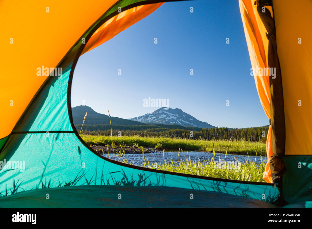 View through Tent, South Sister (Elevation 10, 358 ft.) Sparks Lake, Three Sisters Wilderness, Eastern Oregon, USA Stock Photo