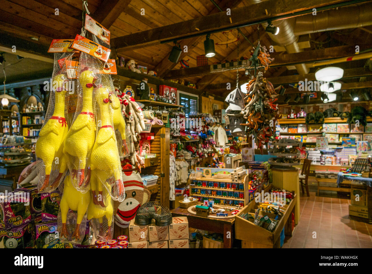 USA, Vermont, Rockingham. The Vermont Country Store, interior with rubber chicken novelty toys Stock Photo