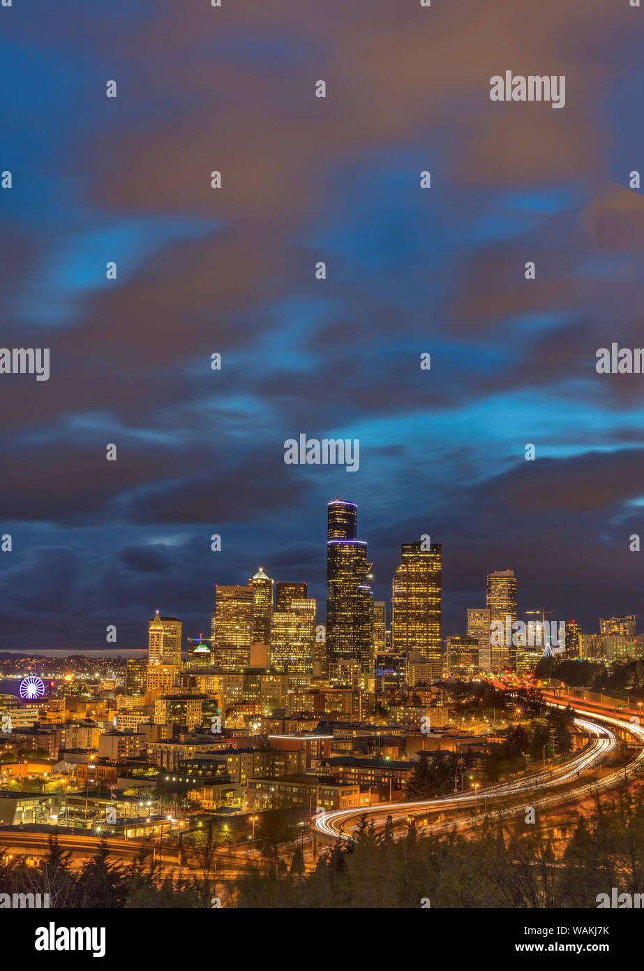 City skyline and Interstate 90 and 5 from Rizal Bridge in downtown Seattle, Washington State, USA Stock Photo