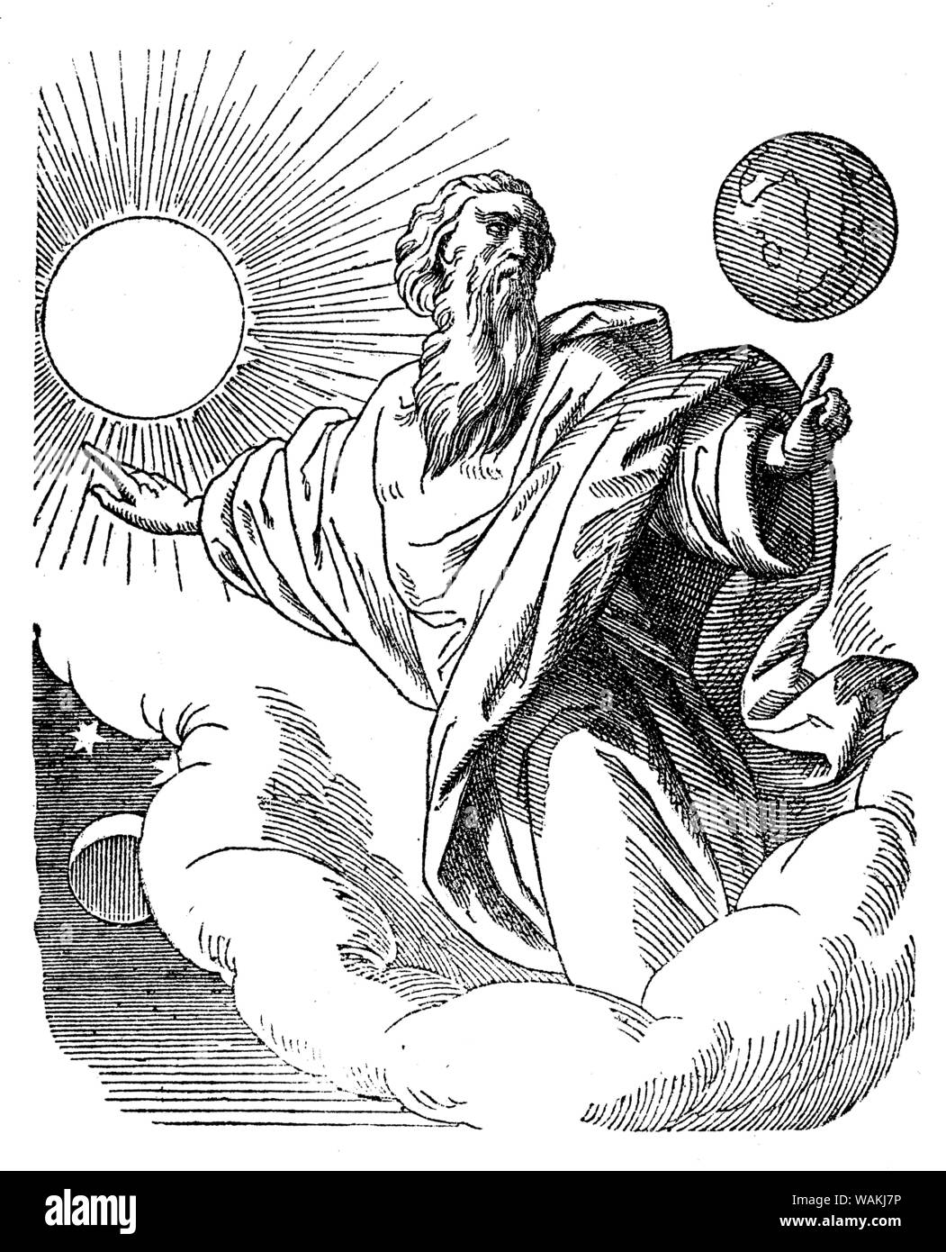 God on a cloud, with sun and globe, ,  (religious book, 1863) Stock Photo