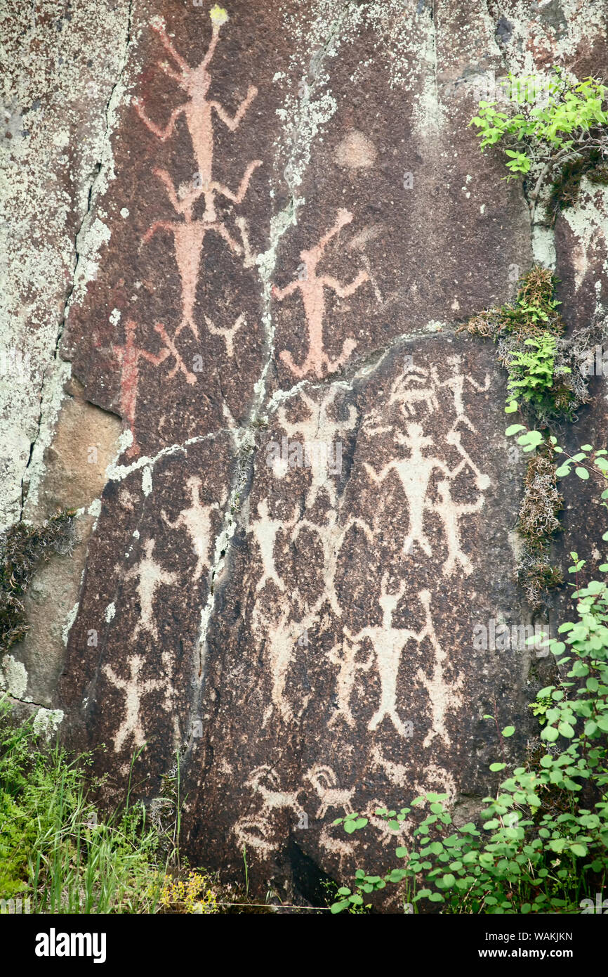 Hells Canyon National Recreation Area, Washington State, USA. Native American petroglyphs of people, deer and bighorn sheep at Buffalo Eddy in the Snake River. Stock Photo