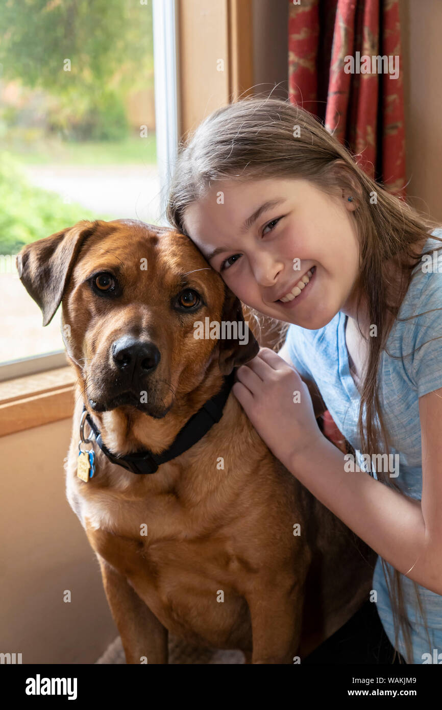 Issaquah, Washington State, USA. 12 year old girl hugging her Fox Red Labrador beside a window. (MR, PR) Stock Photo