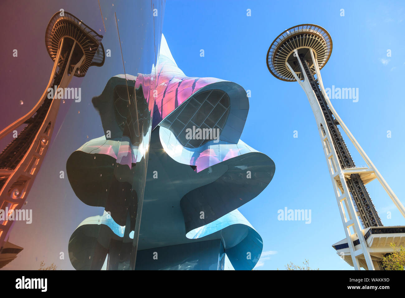Space Needle and Museum Of Pop Culture (formerly called EMP Experience Music Project), Seattle Center, Seattle, Washington State, USA Stock Photo