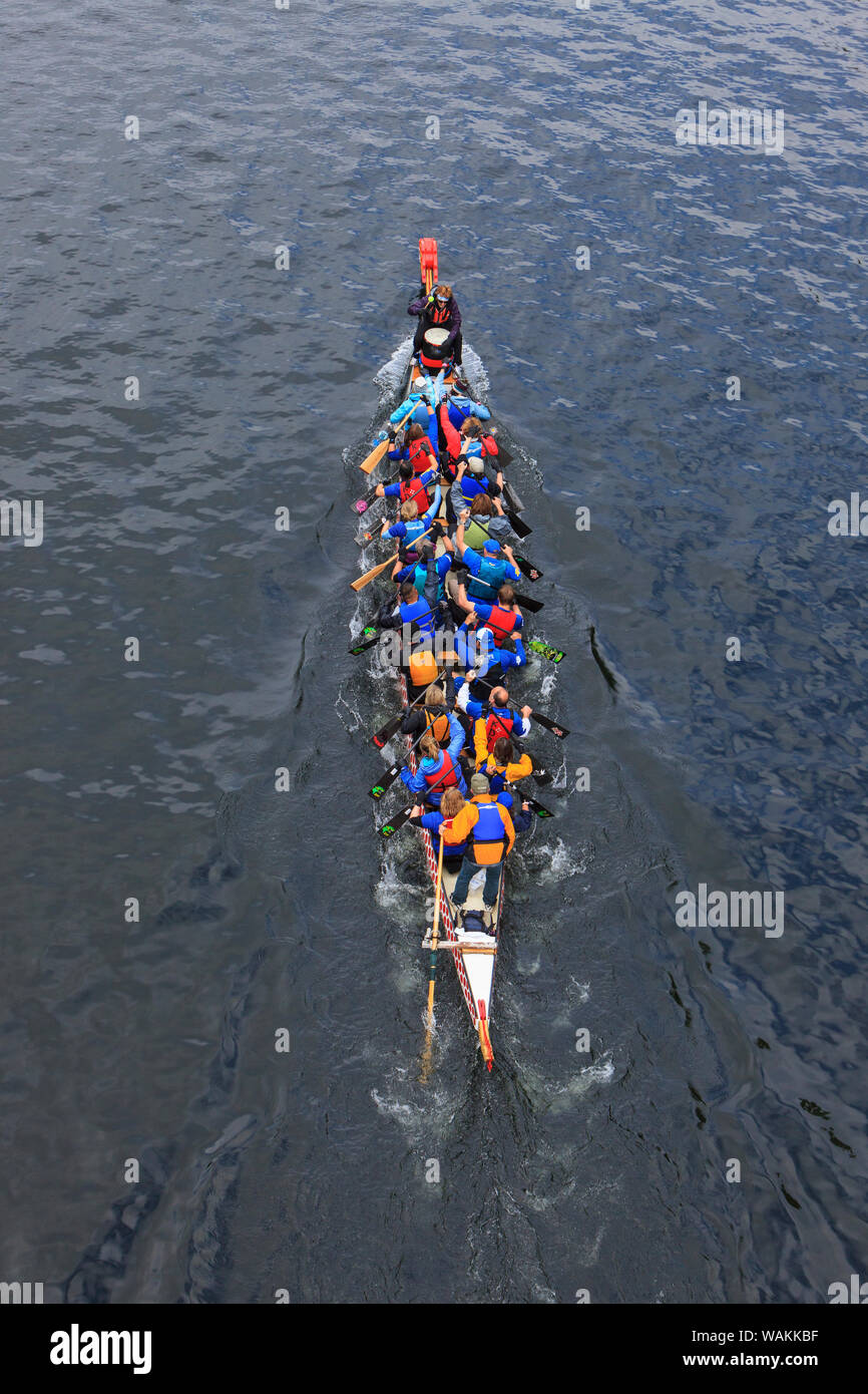 Opening Day of boating Celebration, Seattle, Washington State. Overhead view of dragon boat. Stock Photo