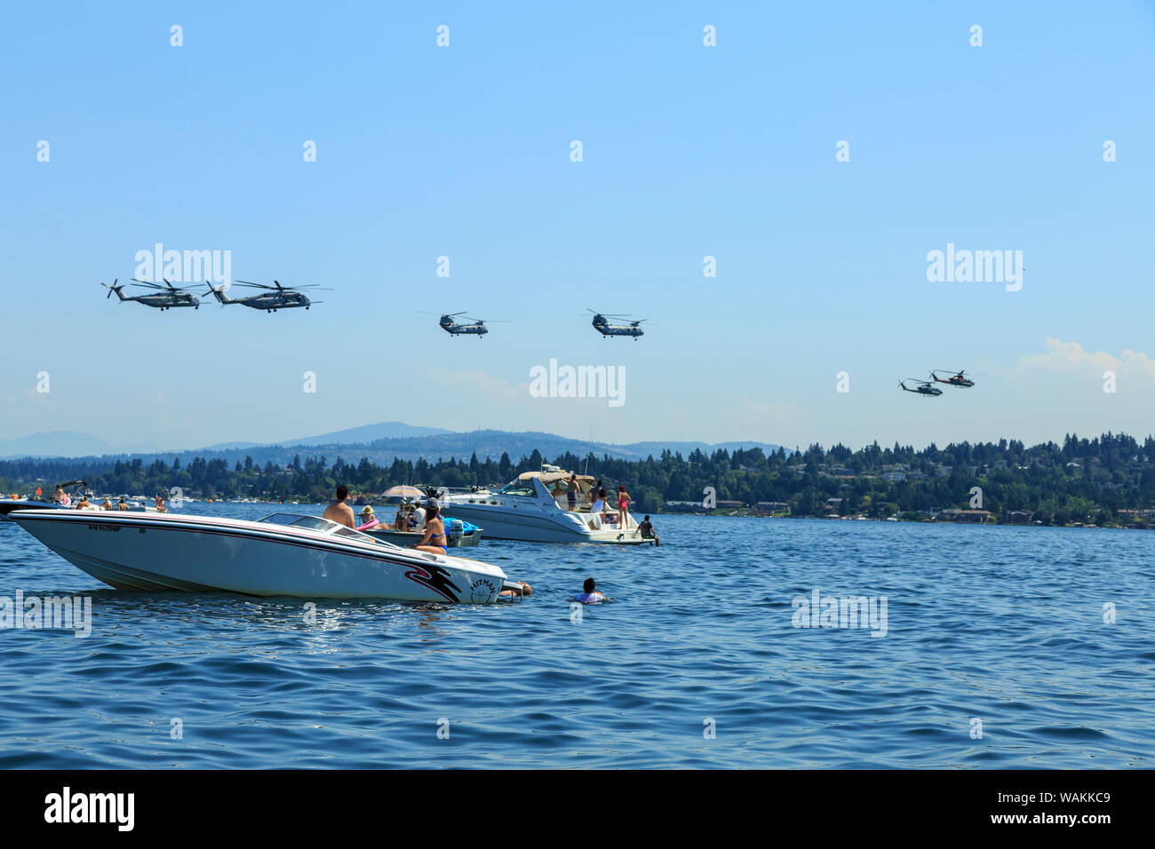 Military helicopters fly-over, part of annual Seafair Celebration, Lake Washington, Seattle, Washington State, USA (Editorial Use Only) Stock Photo