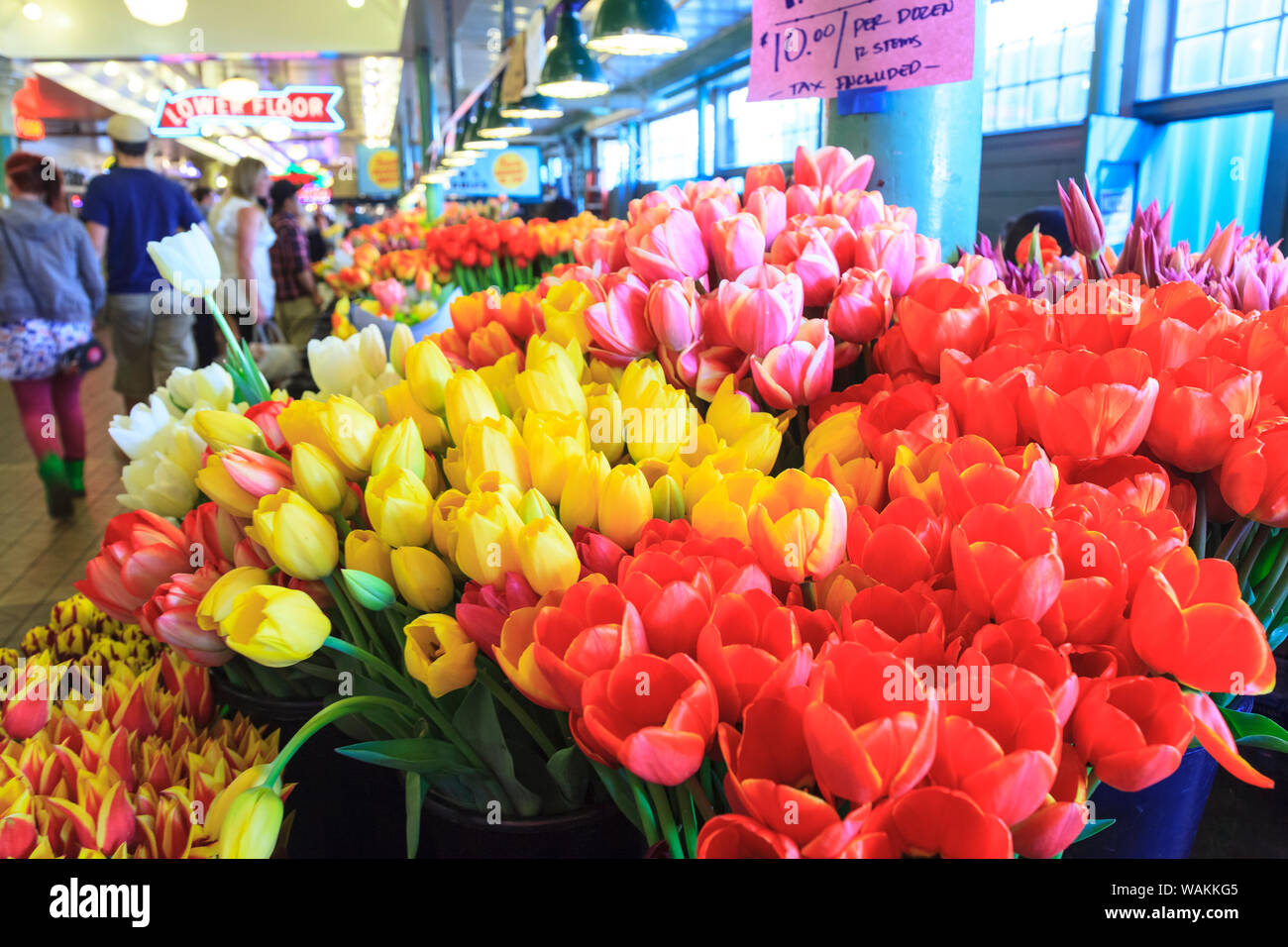 Flowers for sale at Pike Place Market in Late Spring, Seattle, Washington State (Editorial Use Only) Stock Photo