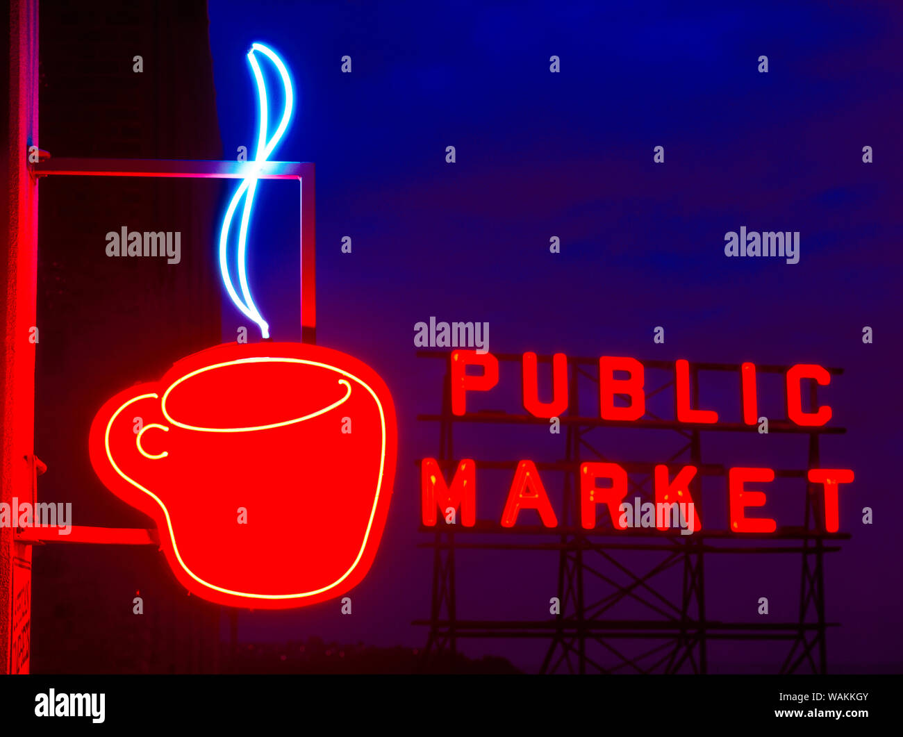Coffee Shop Sign, Pike Place Market, Seattle, Washington State Stock Photo