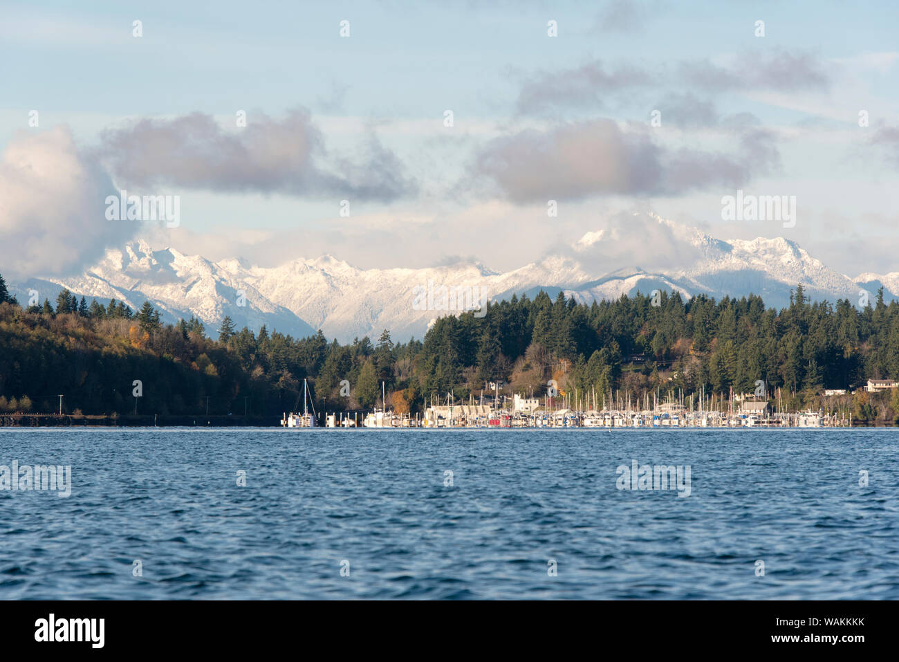 USA, Washington State. Bright morning, fresh snow Olympic Mountains. Kitsap Peninsula and Port Orchard Narrows Stock Photo