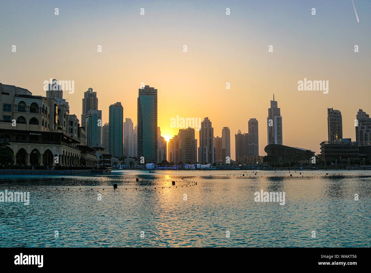 sunset at Downtown Dubai, with the Dubai Fountains and