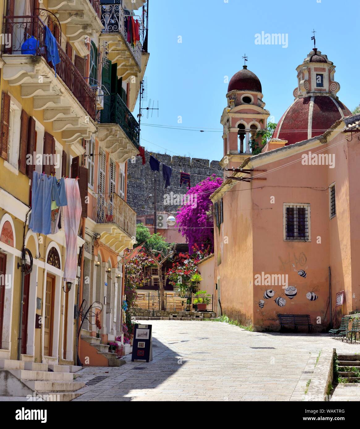 Street scene,church,Corfu old town,Kerkyra,Corfu,Greece,Ionian islands Stock Photo