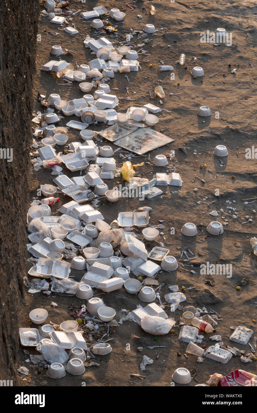 Polystyrene foam cups and trays discarded at the side of the Mapocho river in Santiago, Chile Stock Photo
